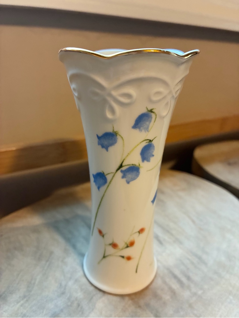 Vintage Lenox Porcelain Bud Vase Posy Blue Floral Gold Trim Scalloped Rim 5”